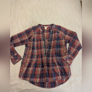 SUNDANCE Embroidered Pleated Plaid Blouse Size L